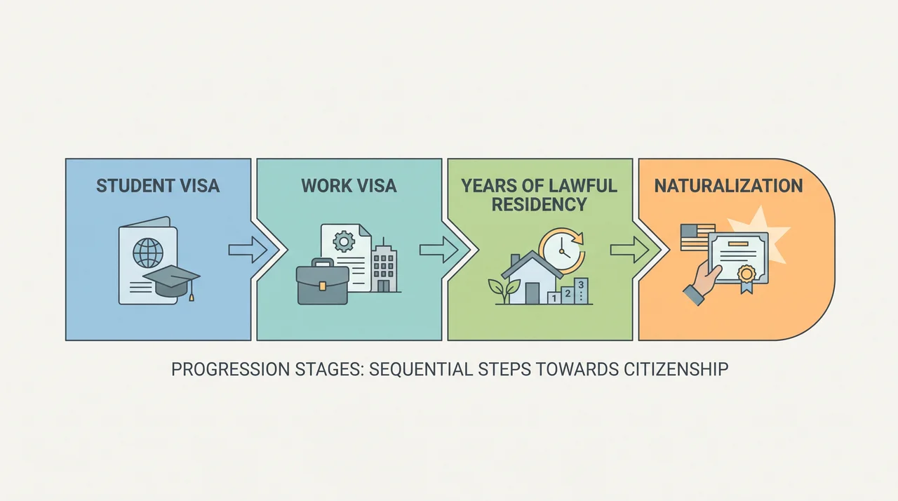 Timeline illustration showing stages from student visa to work visa to naturalization.