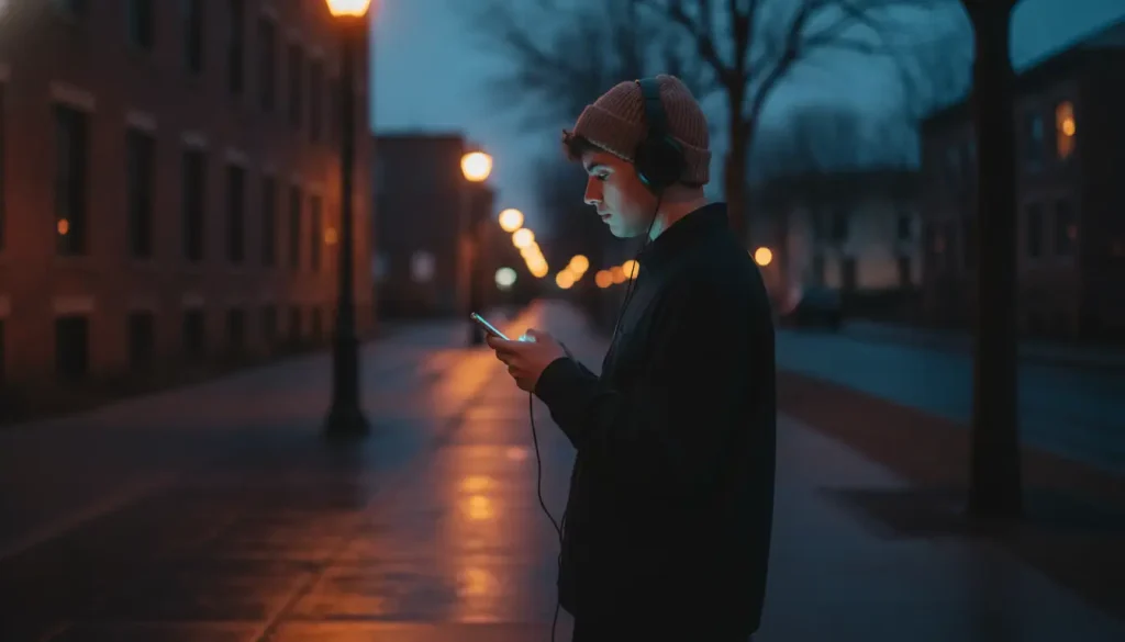 Young man listening to music on headphones while looking at smartphone on dimly lit street