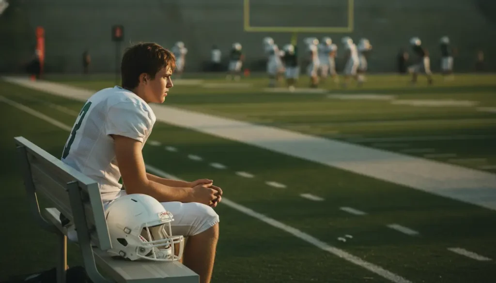 Football coach instructing players sitting on bench on green field during practice
