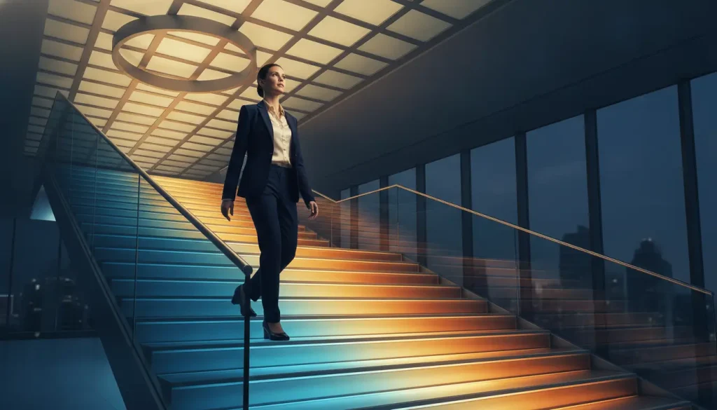 Businesswoman descending illuminated modern staircase in office building at night