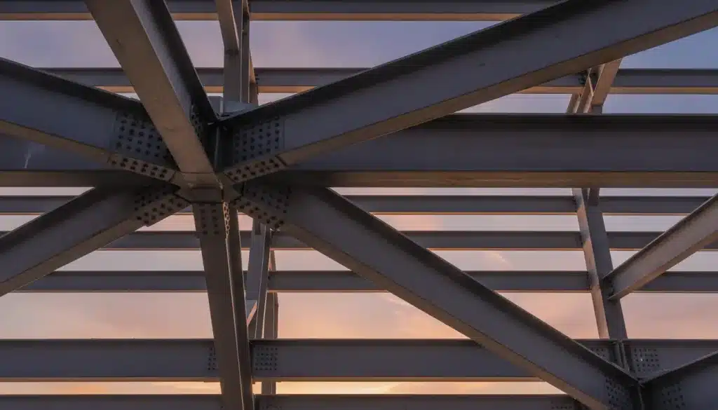 Metal beams forming a geometric structure against a sunset sky