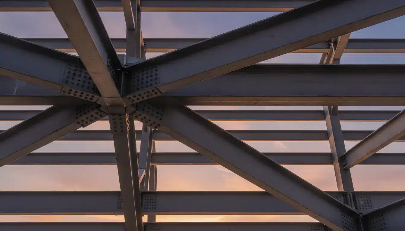 Metal beams forming a geometric structure against a sunset sky