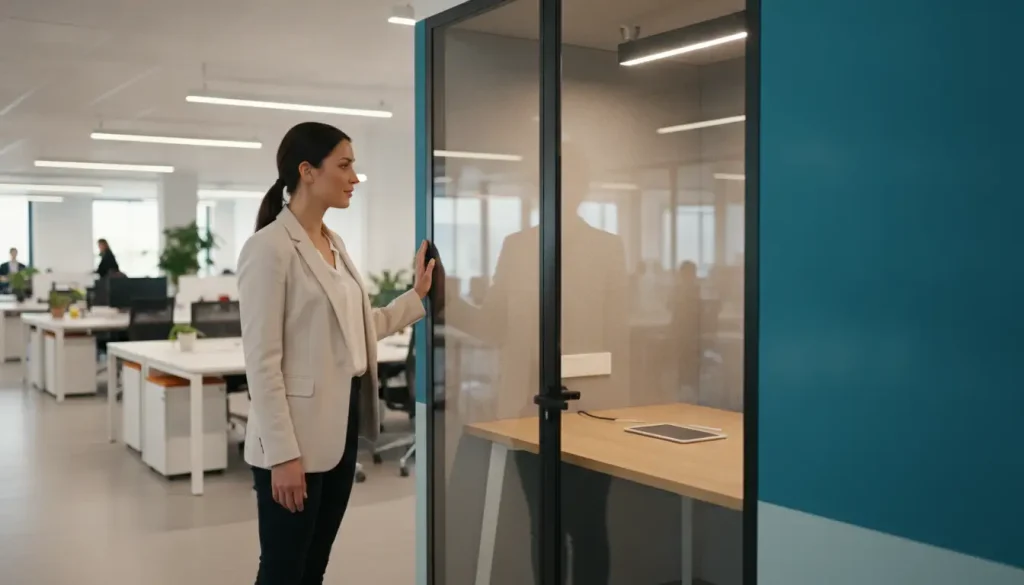 Woman opening glass office pod door in modern open-plan workspace