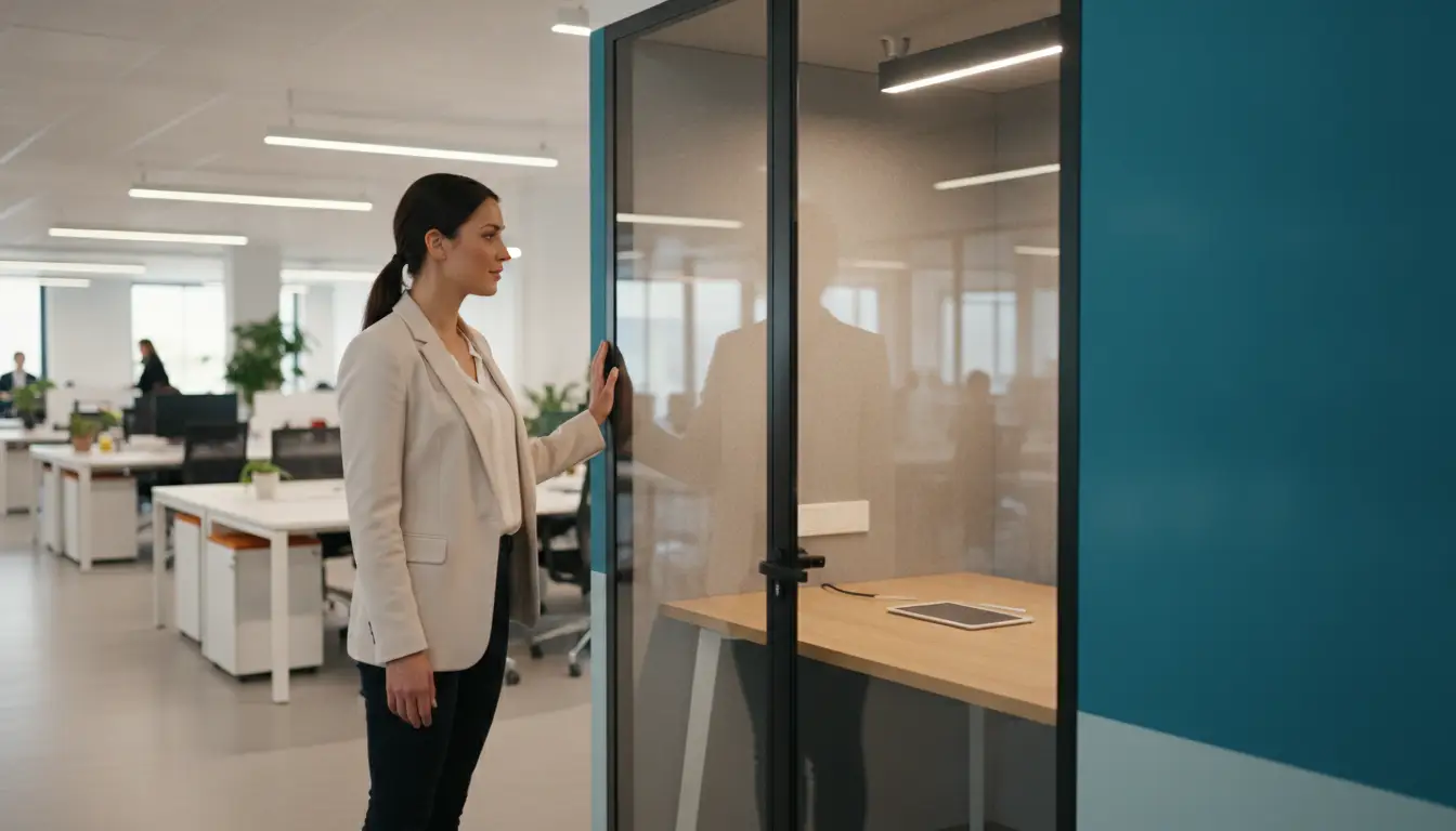 Woman opening glass office pod door in modern open-plan workspace