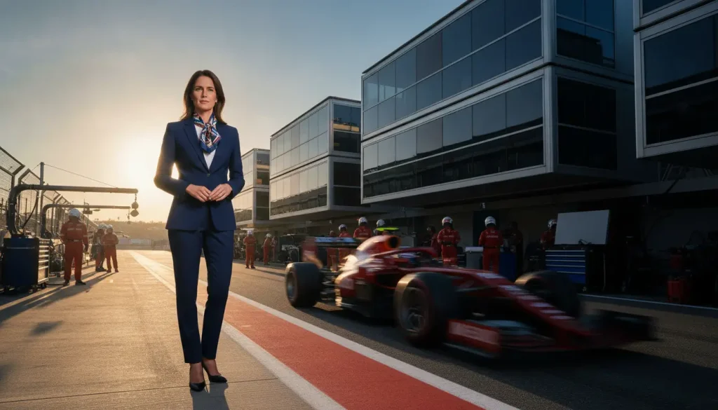 Woman in blue suit standing at racetrack as red race car speeds by in the background