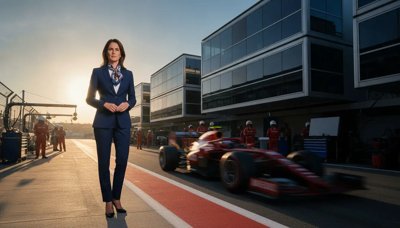 Woman in blue suit standing at racetrack as red race car speeds by in the background
