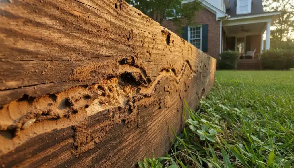 Close-up of termite-infested wooden beam in yard with brick house background