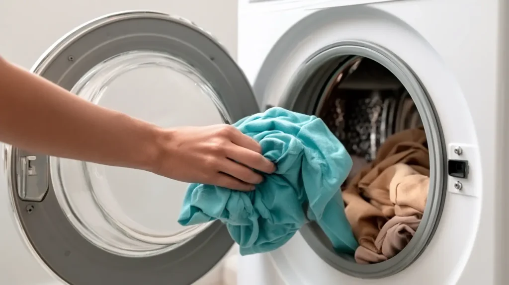 A person placing a turquoise shirt into an open front-loading washing machine.