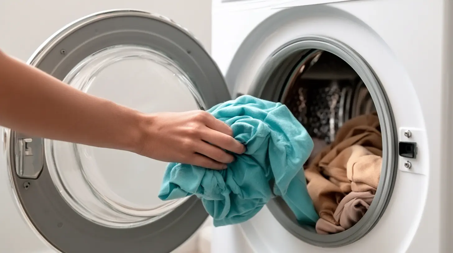 A person placing a turquoise shirt into an open front-loading washing machine.
