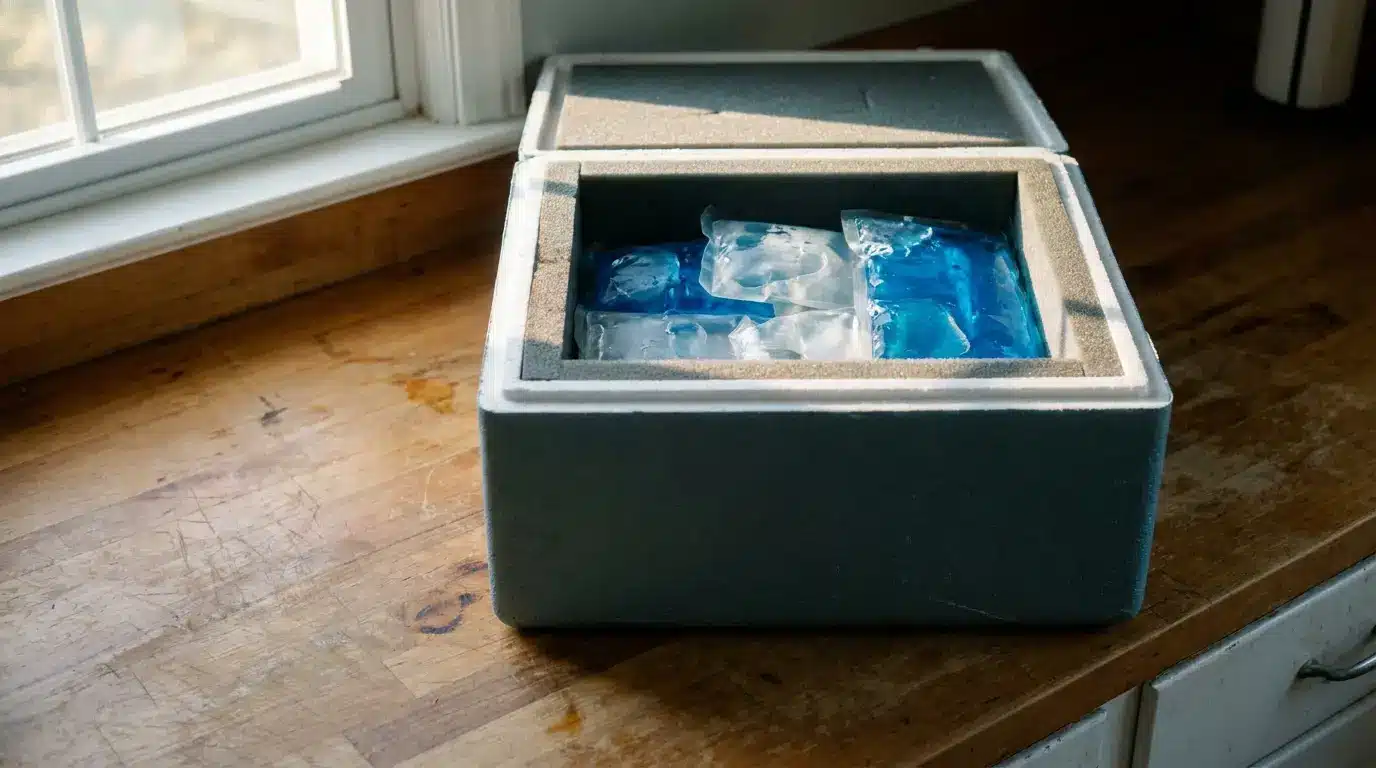 Open cooler with blue ice packs on wooden kitchen countertop near window
