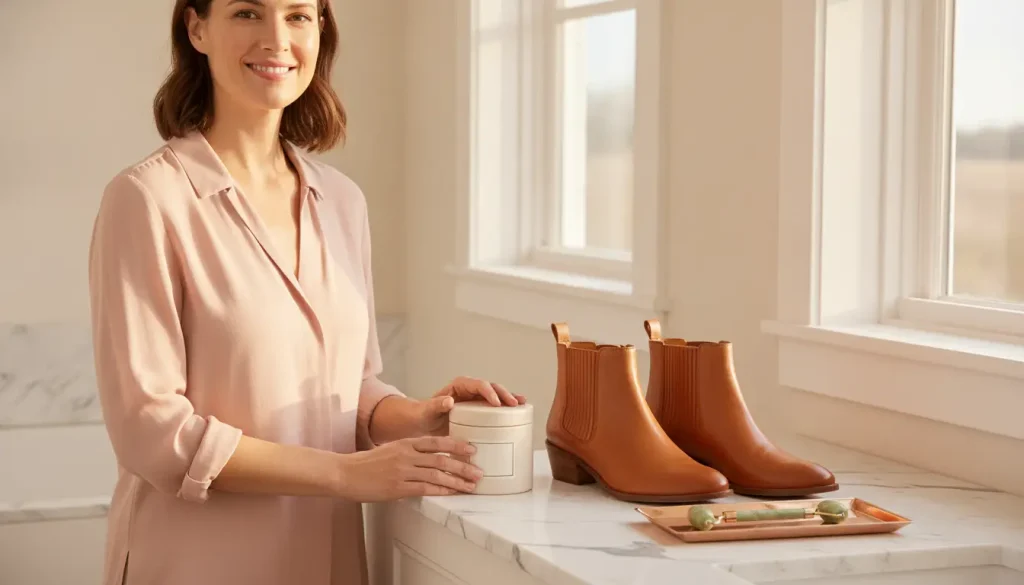 Woman in light pink blouse holding cream container near brown boots on marble counter