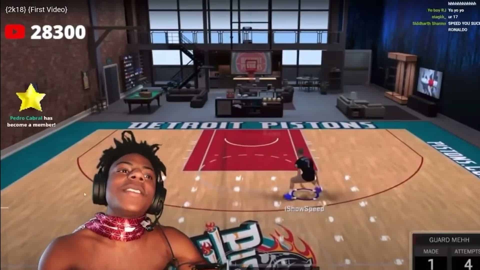 IShowSpeed appearing during an early gaming stream wearing headphones in front of a virtual football background