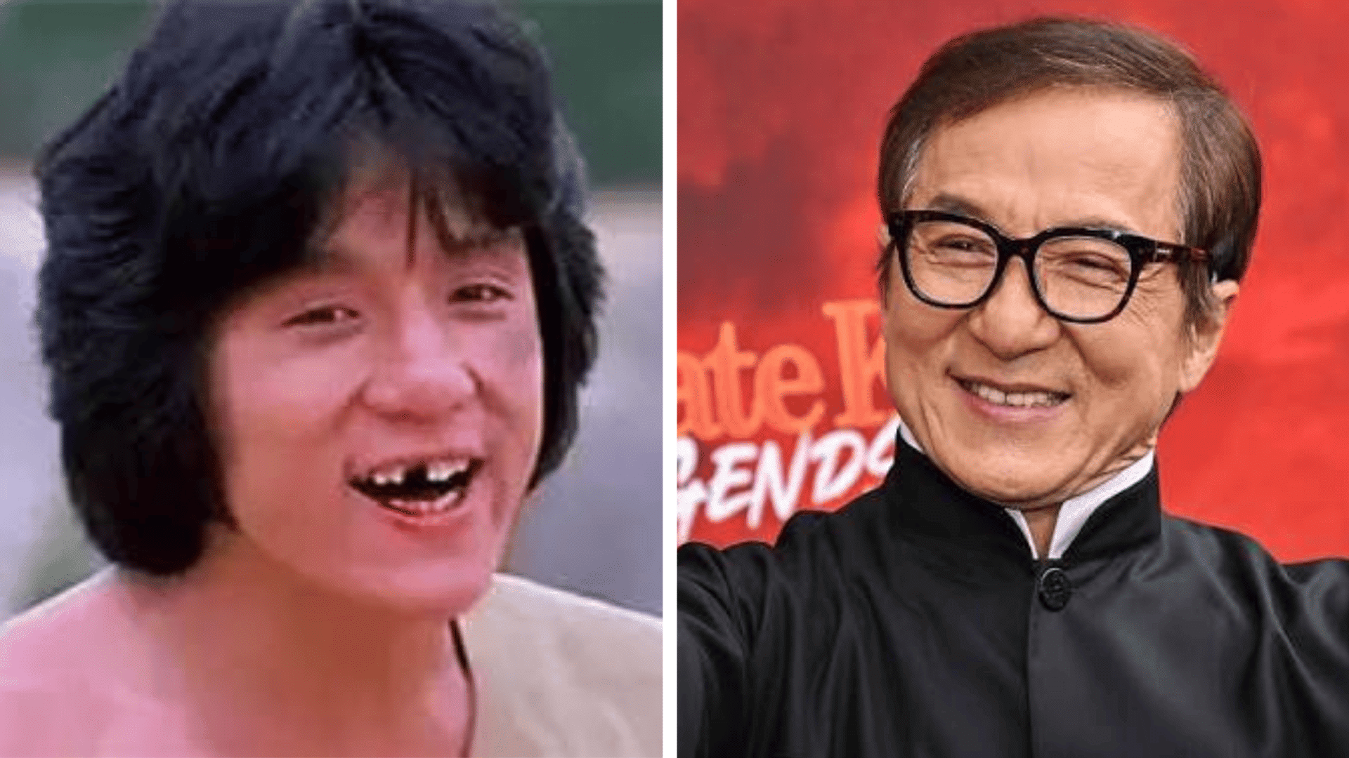 Jackie Chan before and after dental appearance comparison showing changes in his smile and teeth.