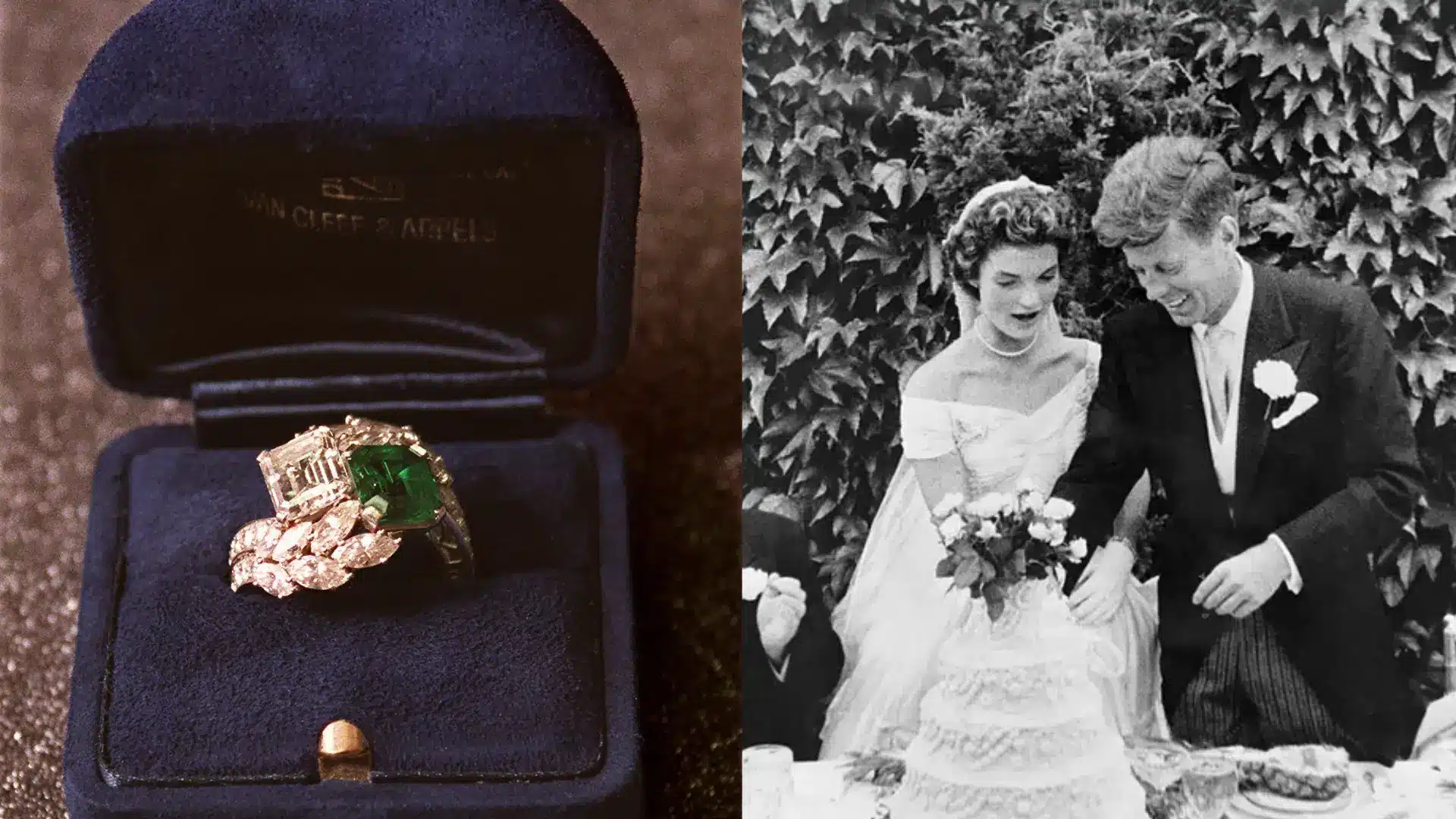 Jacqueline Kennedy's emerald and diamond toi et moi engagement ring in a Van Cleef & Arpels box beside a wedding photo of John F. Kennedy and Jacqueline Kennedy