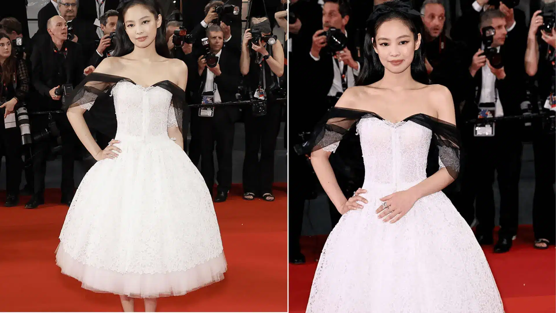 Jennie Kim wearing a white lace Chanel dress with black off-shoulder details at the Cannes Film Festival.