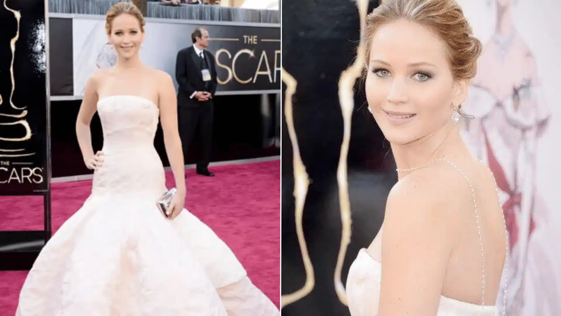 Jennifer Lawrence wearing a pale blush ball gown by Dior Haute Couture at the Oscars 2013.