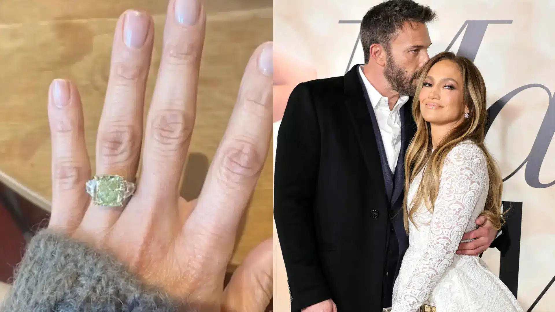 Jennifer Lopez's green diamond engagement ring shown beside a photo of her and Ben Affleck