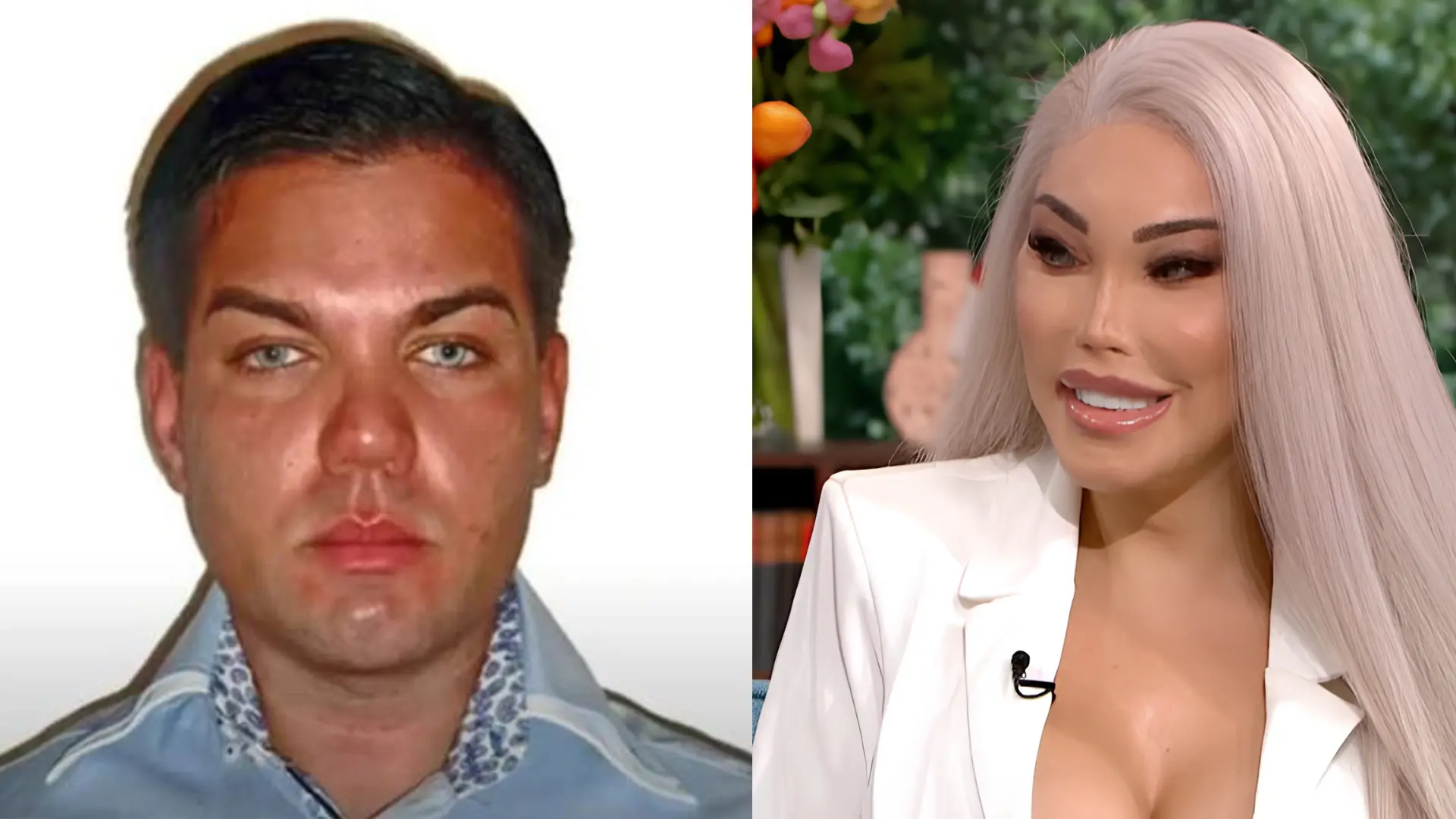 Side-by-side comparison of a dark-haired person in a collared shirt and a platinum-haired person wearing a white blazer and makeup