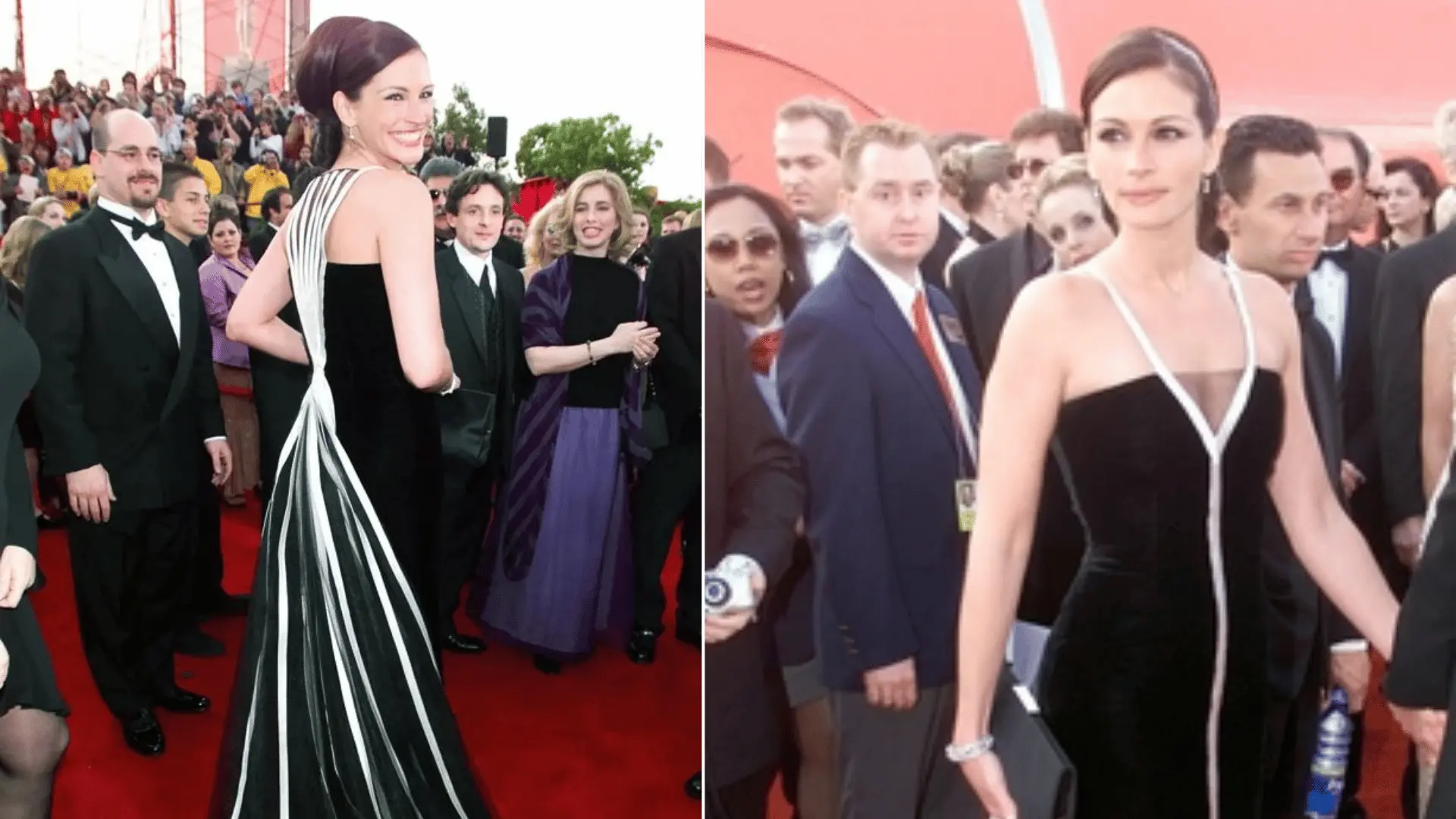 Julia Roberts wearing a vintage black-and-white Valentino gown on the red carpet at the 2001 Oscars.