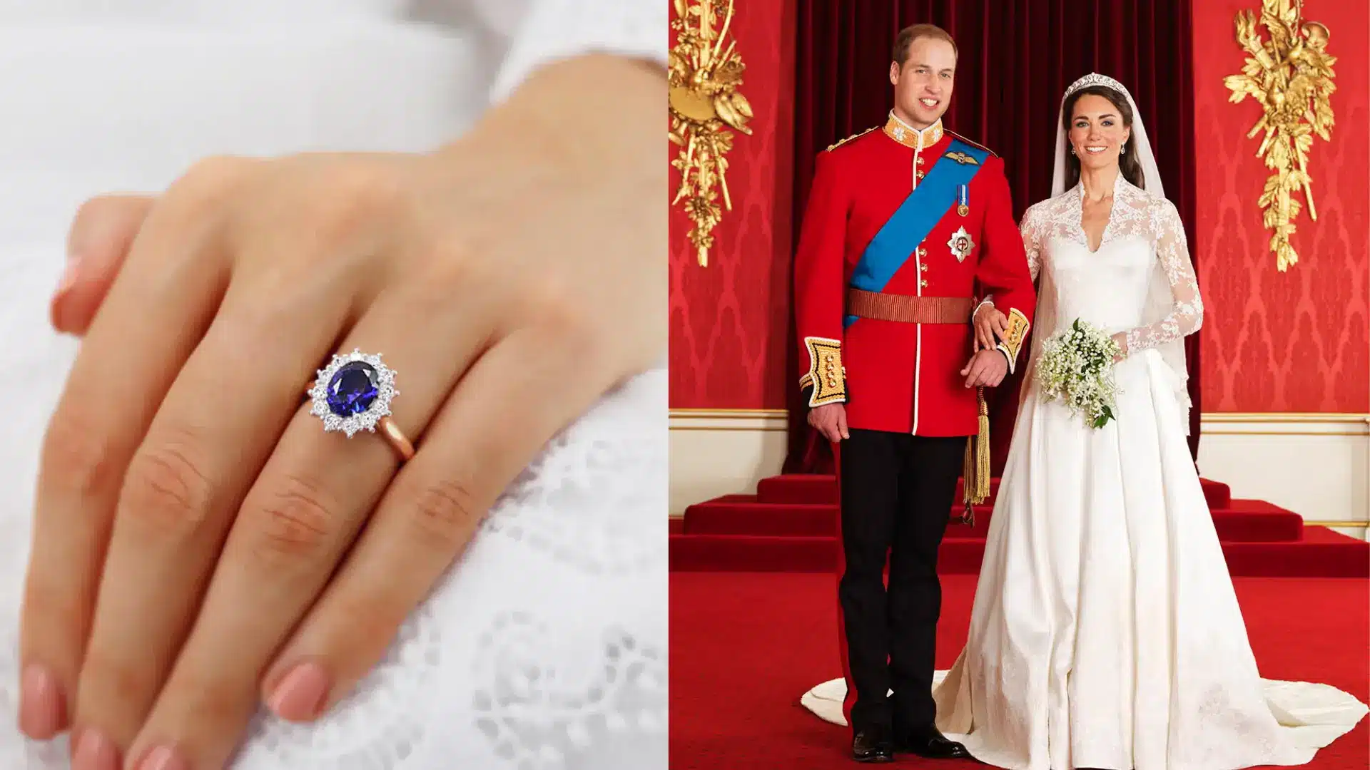 Kate Middleton's sapphire and diamond engagement ring beside her wedding portrait with Prince William