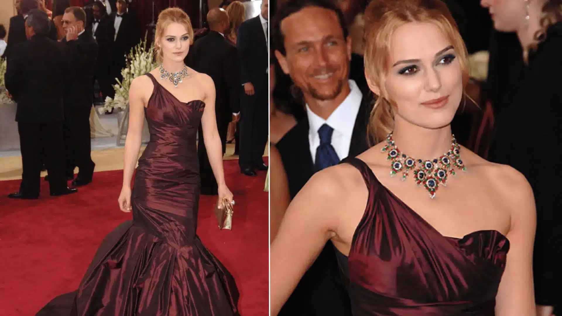 Keira Knightley wearing a plum taffeta gown by Vera Wang at the Oscars 2006.