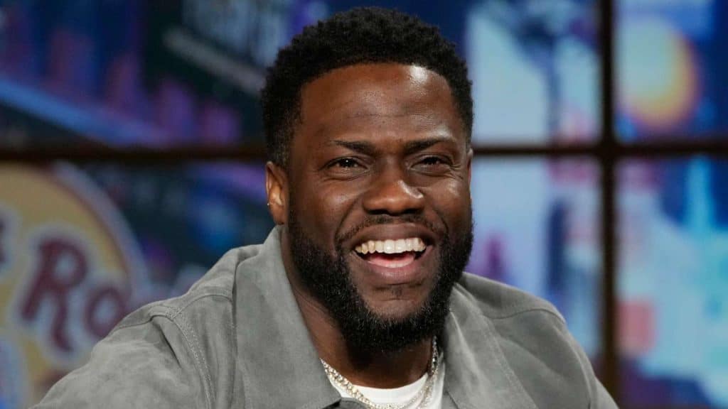 Kevin Hart smiling during a television interview while wearing a gray shirt and silver chain necklace