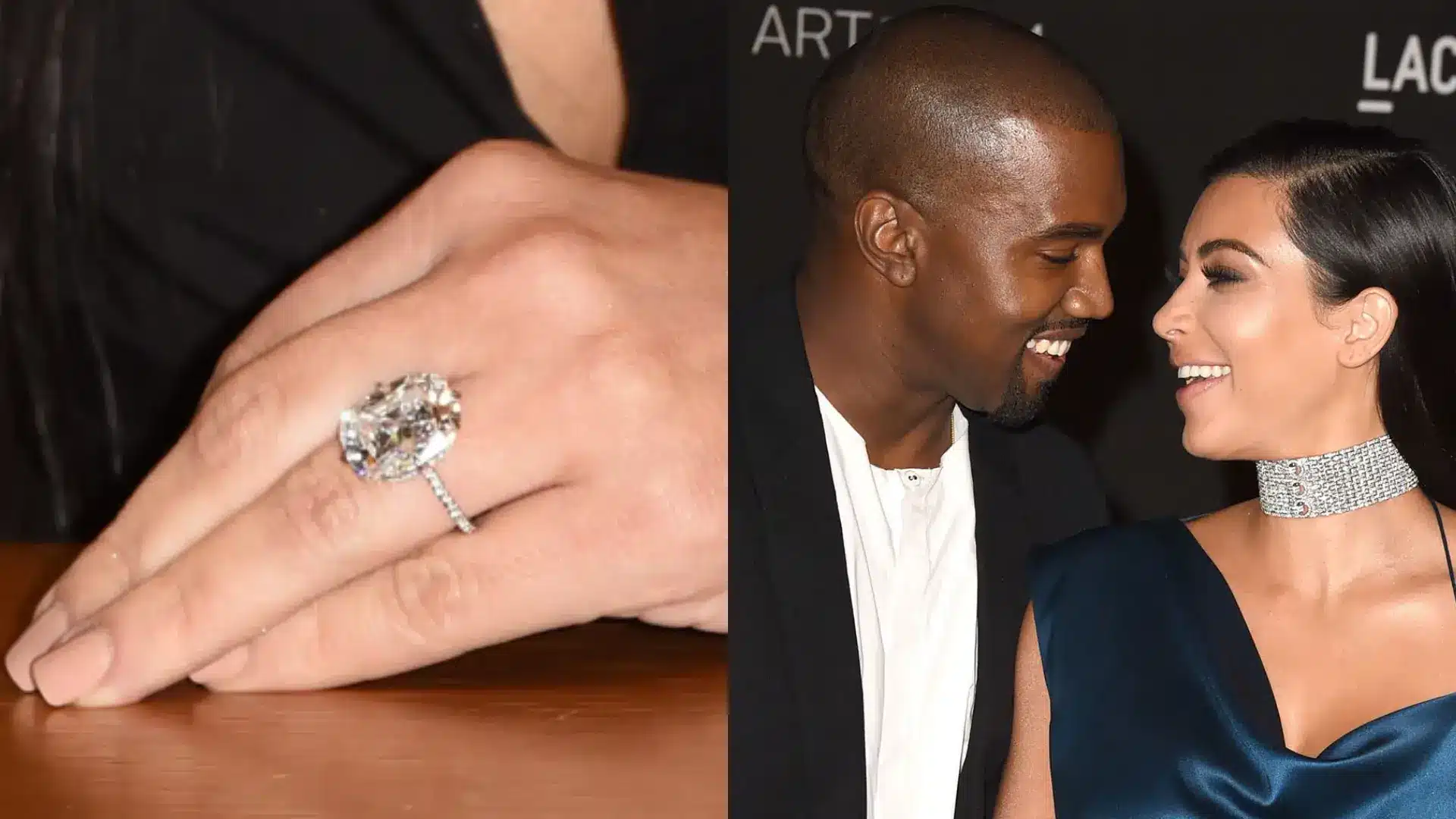 Kim Kardashian's cushion-cut diamond engagement ring beside a photo with Kanye West