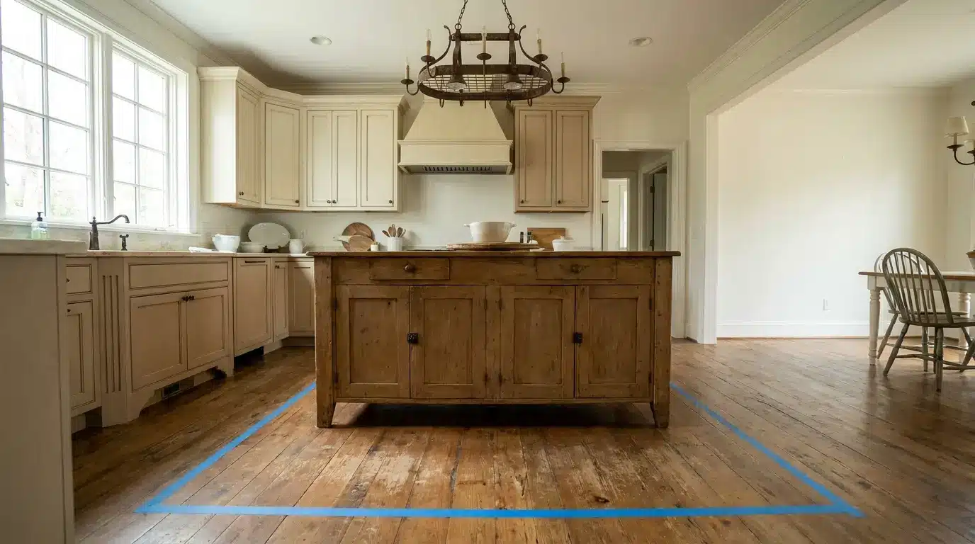 Rustic wooden kitchen island under metal chandelier in bright country-style kitchen