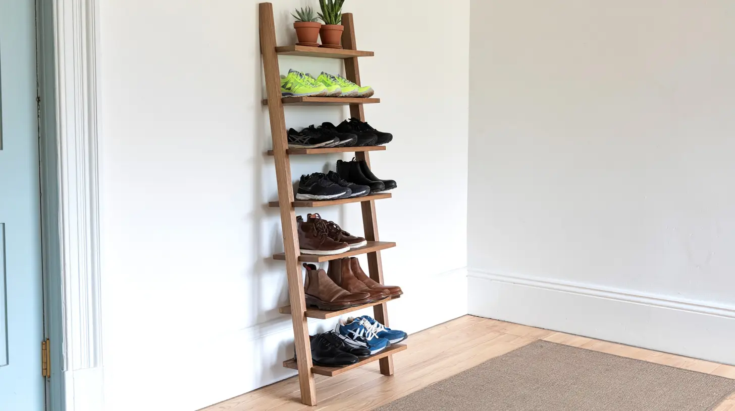 Ladder style wooden shoe rack with multiple shelves holding shoes in a modern entryway setup