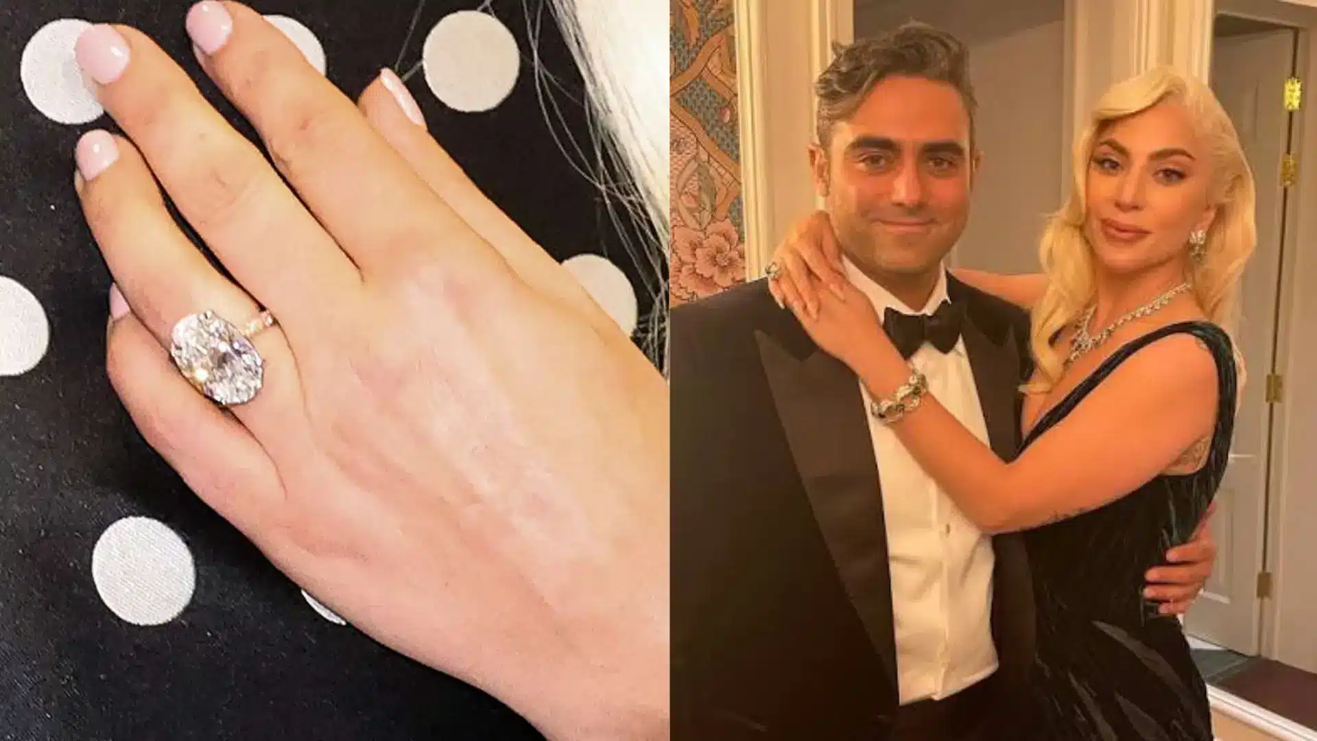 Lady Gaga wearing her oval diamond engagement ring alongside a photo with her fiancé, Michael Polansky