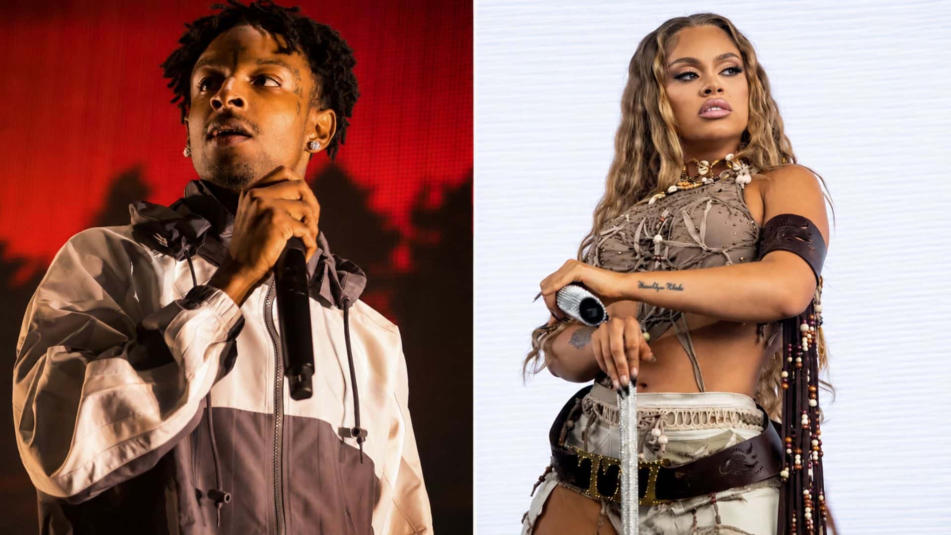 21 Savage and Latto pictured side by side during separate live performances