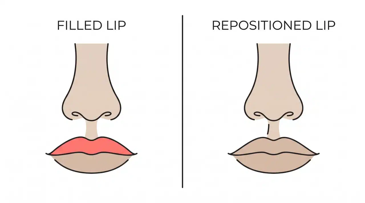 Two-panel diagram comparing lip filler volume addition to lip lift positional change on upper lip cross-sections