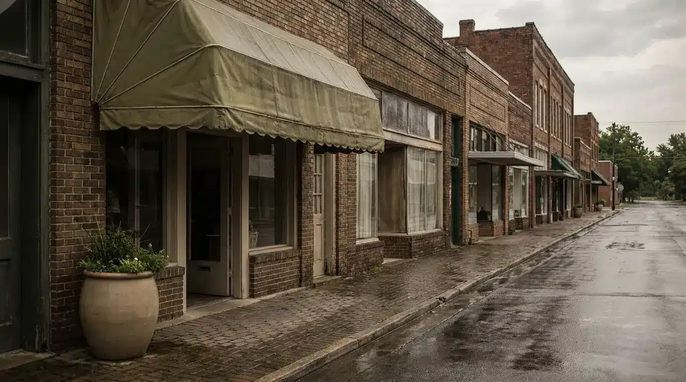 Rainy day on empty brick street with closed storefronts and green awnings