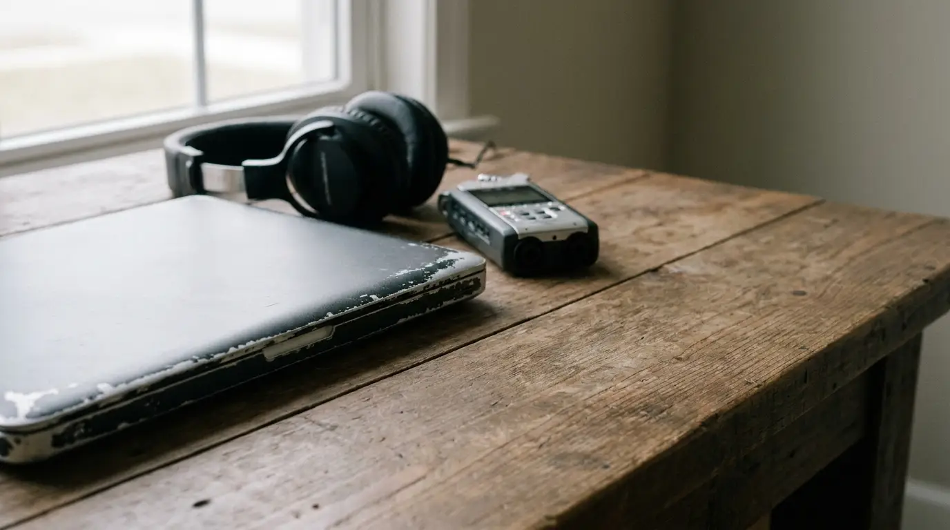 Laptop, headphones, and audio recorder on rustic wooden desk near window