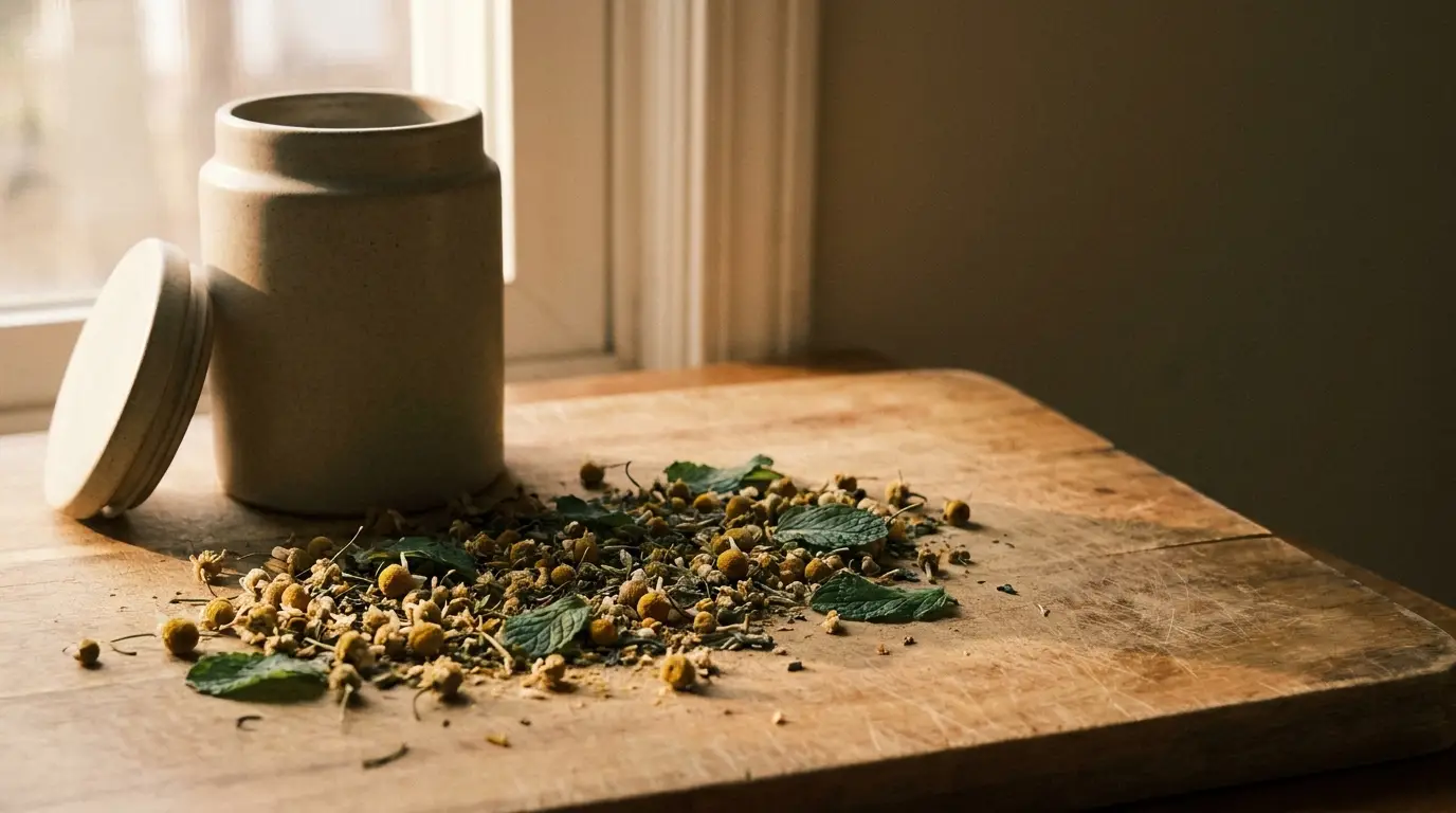 Herbal tea ingredients on wooden surface with sunlight near ceramic jar