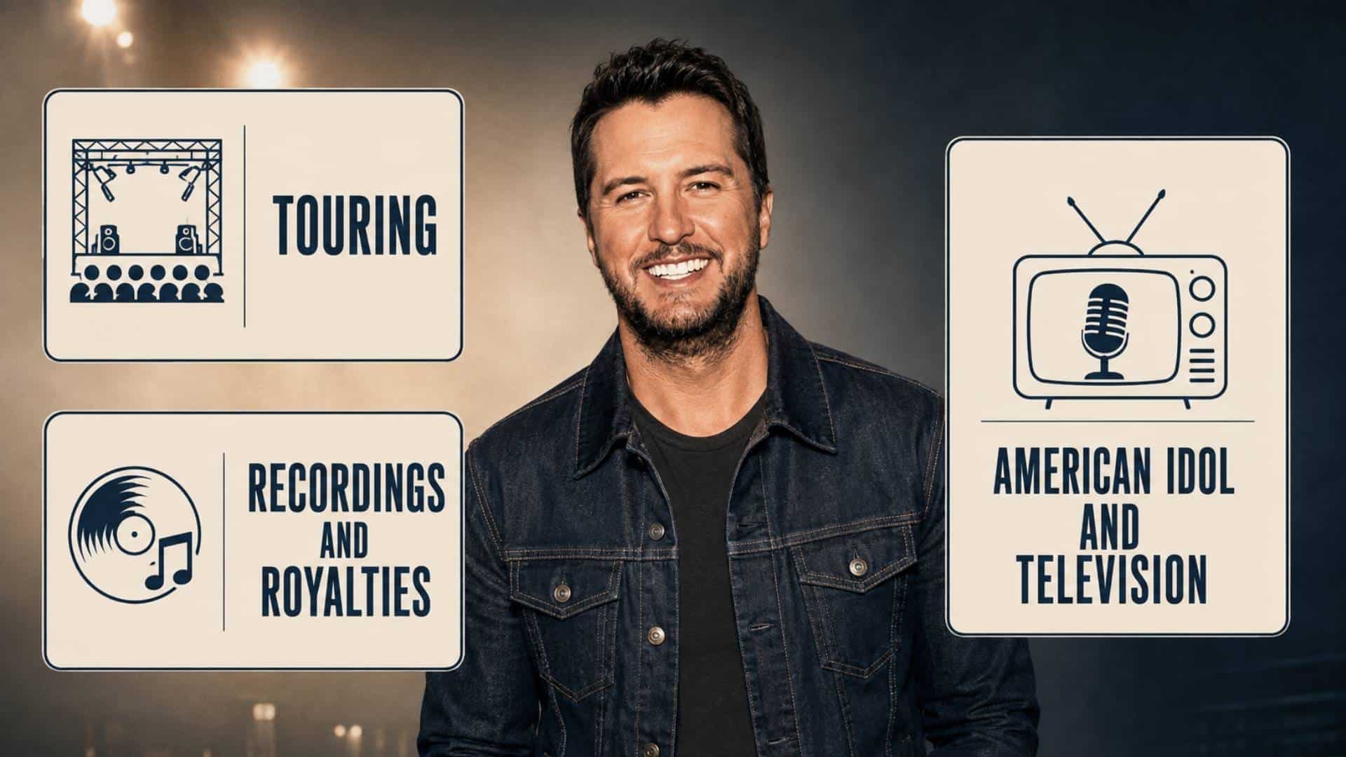 Luke Bryan pictured with graphics for touring, music recordings and royalties, and American Idol television work