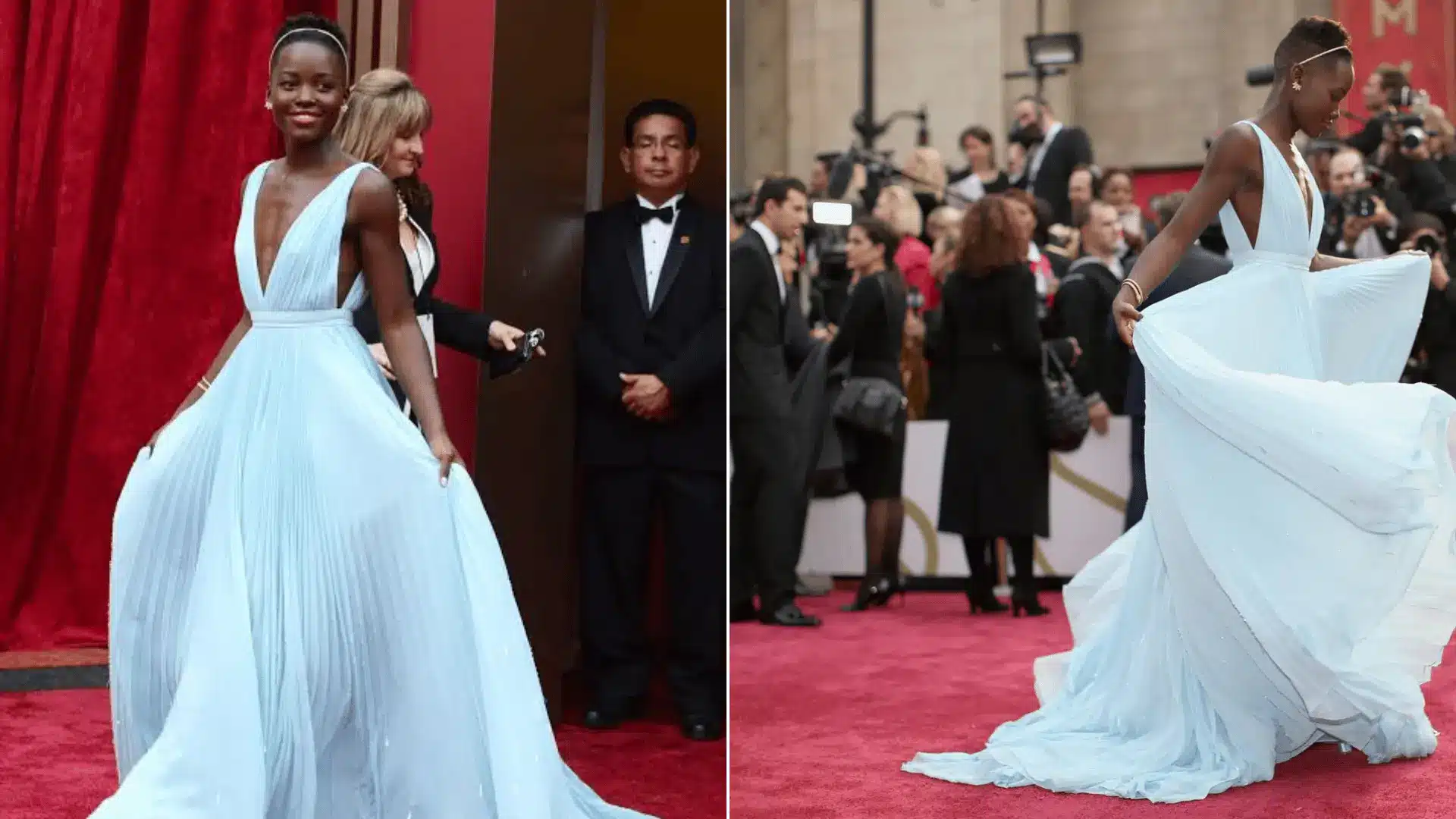 Lupita Nyong'o wearing a pale blue pleated Prada gown on the red carpet at the 2014 Oscars.