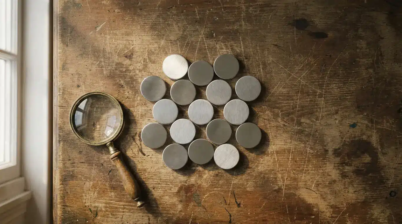 Magnifying glass and round metal discs on rustic wooden surface