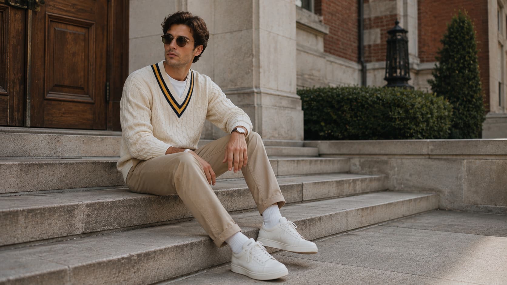 Man wearing a cream cricket sweater over a white T-shirt with khakis on outdoor stone steps