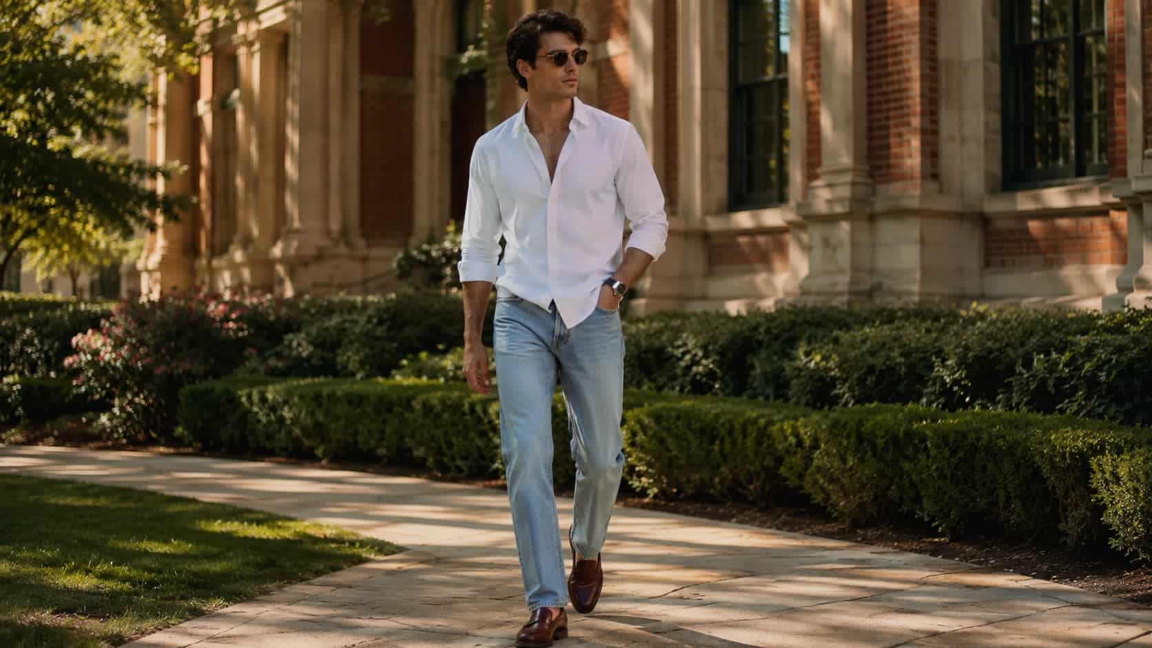 Man wearing a white Oxford shirt, light-wash jeans, and brown penny loafers on a sunny campus path
