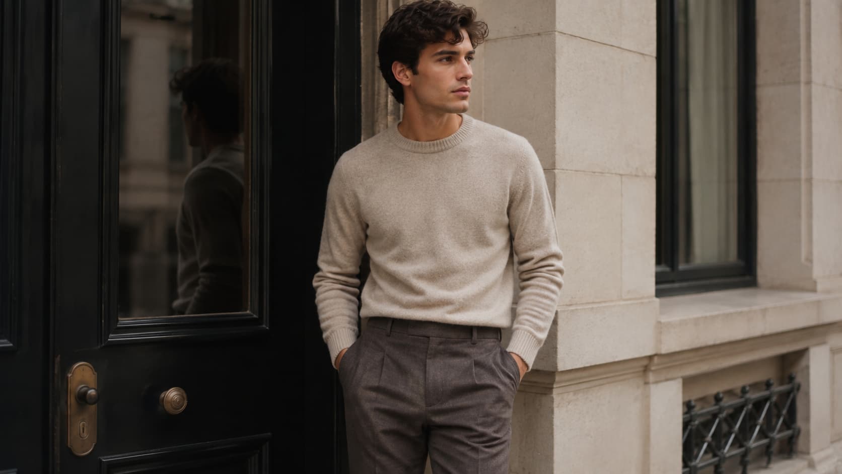 Man with wavy dark hair leaning against a doorway, wearing a beige crewneck sweater and dark trousers.