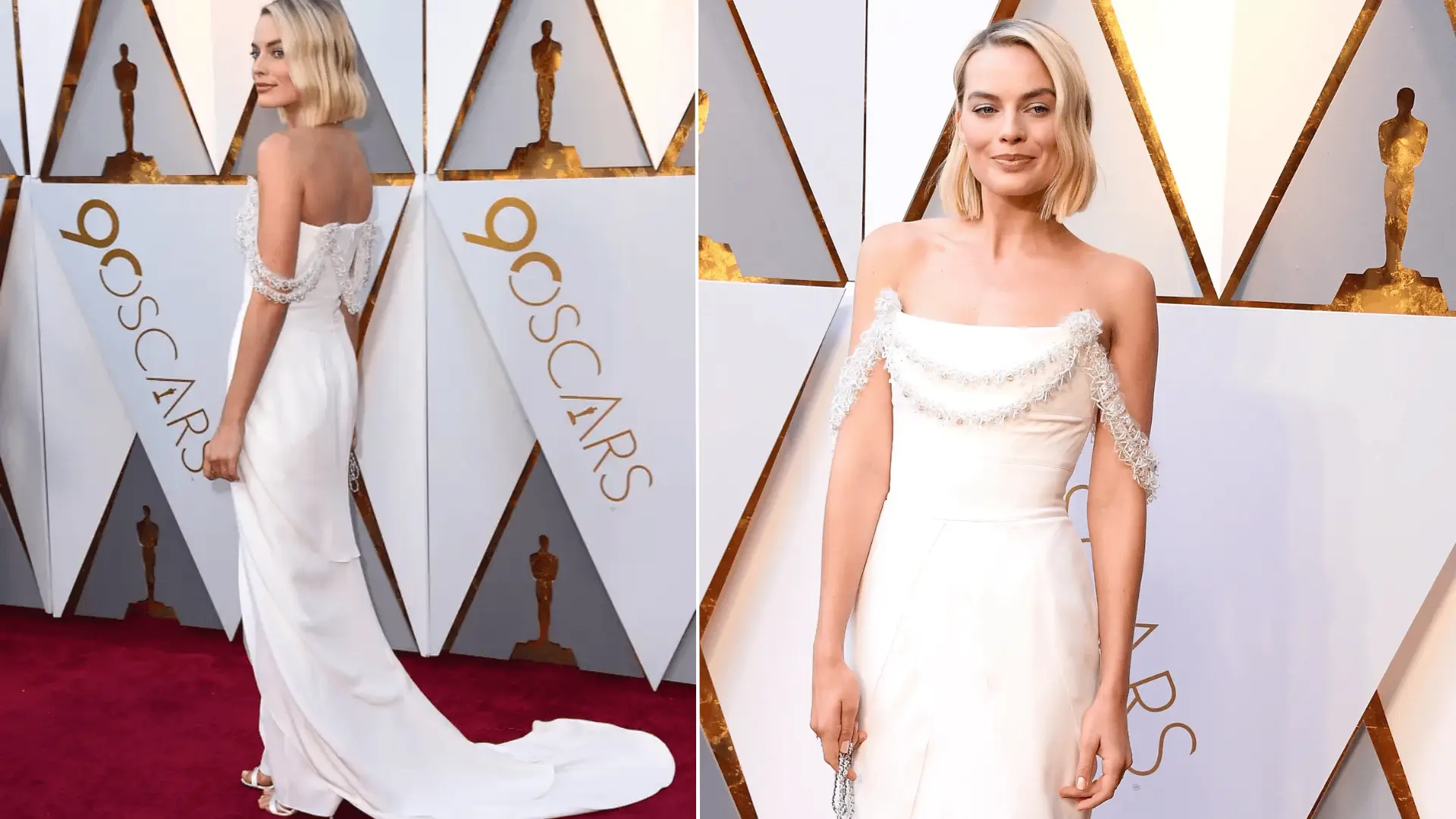 Margot Robbie wearing a white off-shoulder gown by Chanel Haute Couture at the Oscars 2018.