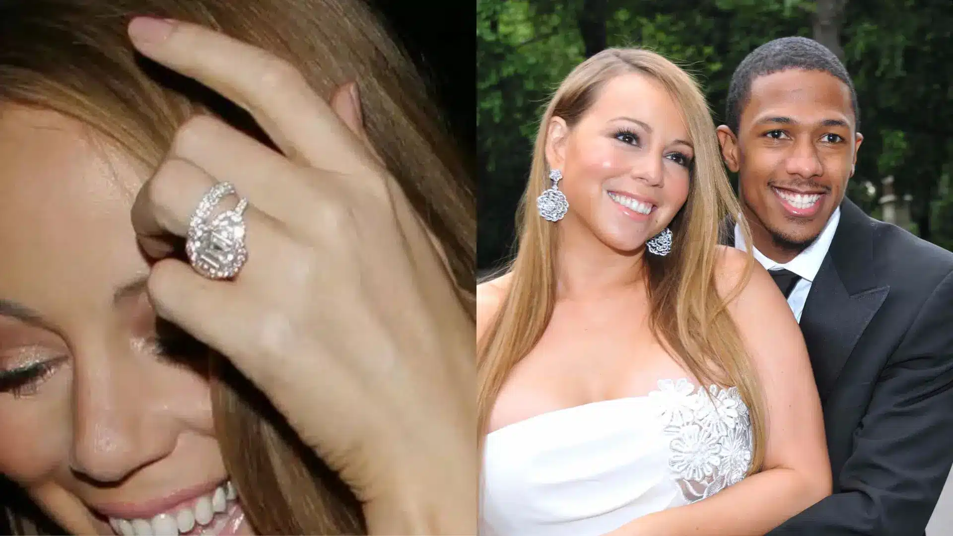 Mariah Carey's emerald-cut diamond engagement ring beside a photo of her with Nick Cannon