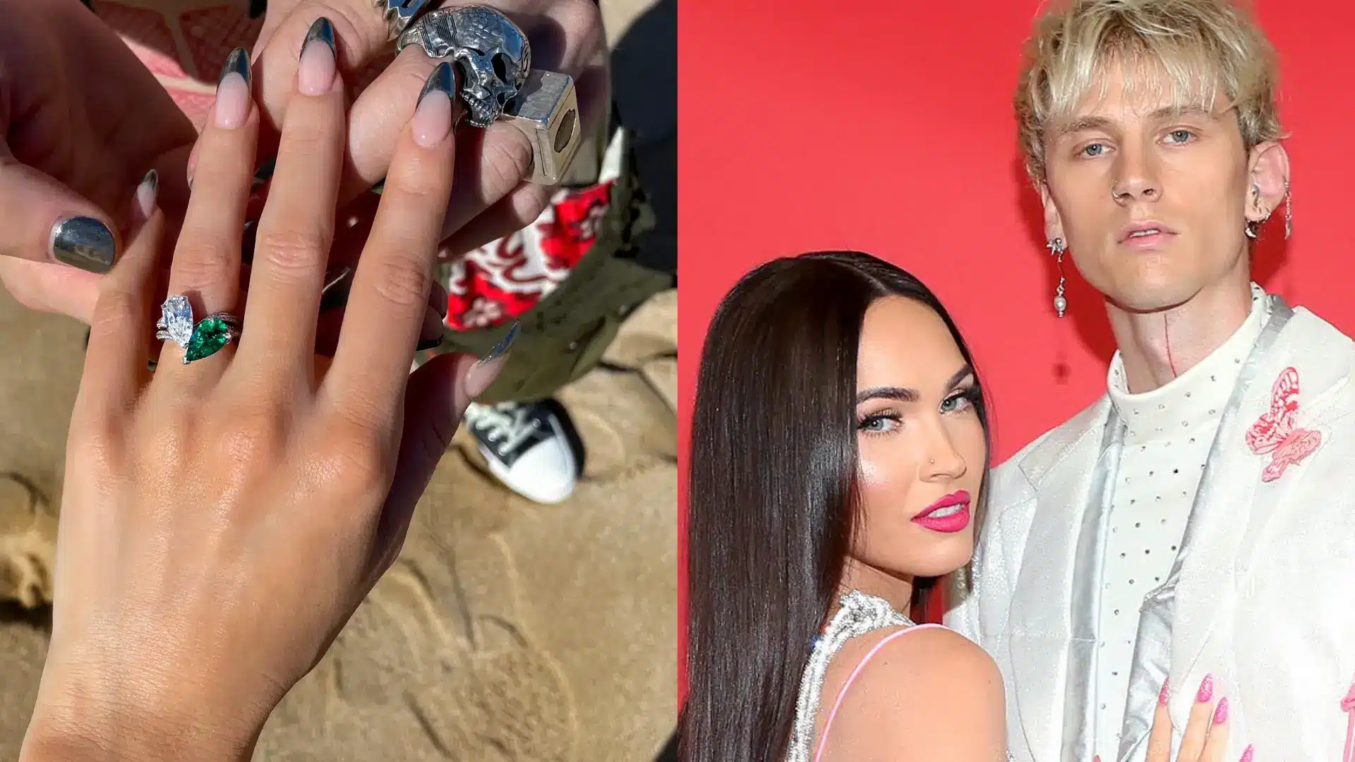 Megan Fox's toi et moi engagement ring featuring a pear-shaped diamond and emerald gemstone alongside Machine Gun Kelly