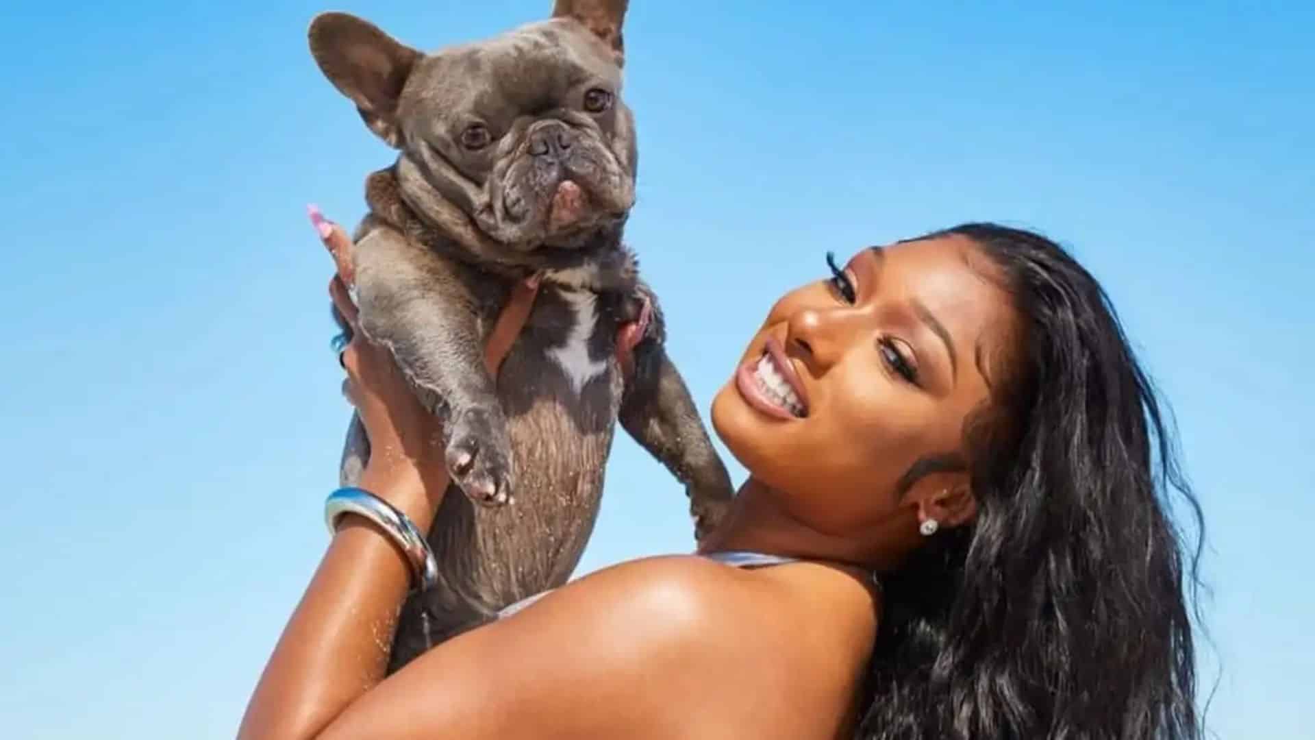 Megan Thee Stallion smiling while holding her French Bulldog outdoors under a blue sky.