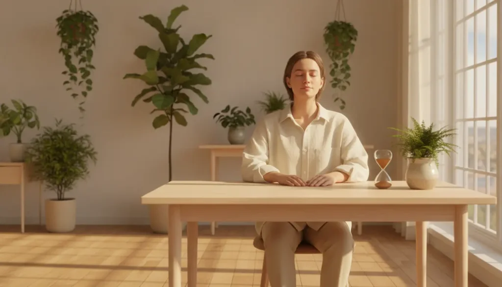 Person meditating at wooden table in sunlit room with potted plants and hourglass