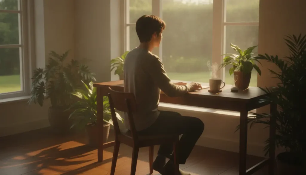 Man sitting at wooden desk with coffee and plants in sunlit room