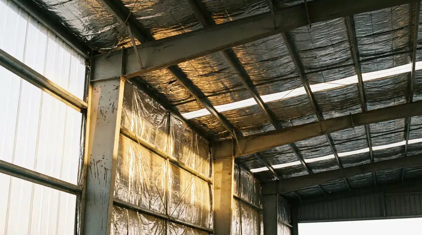 Industrial building interior with exposed metal beams and translucent panels under warm sunlight