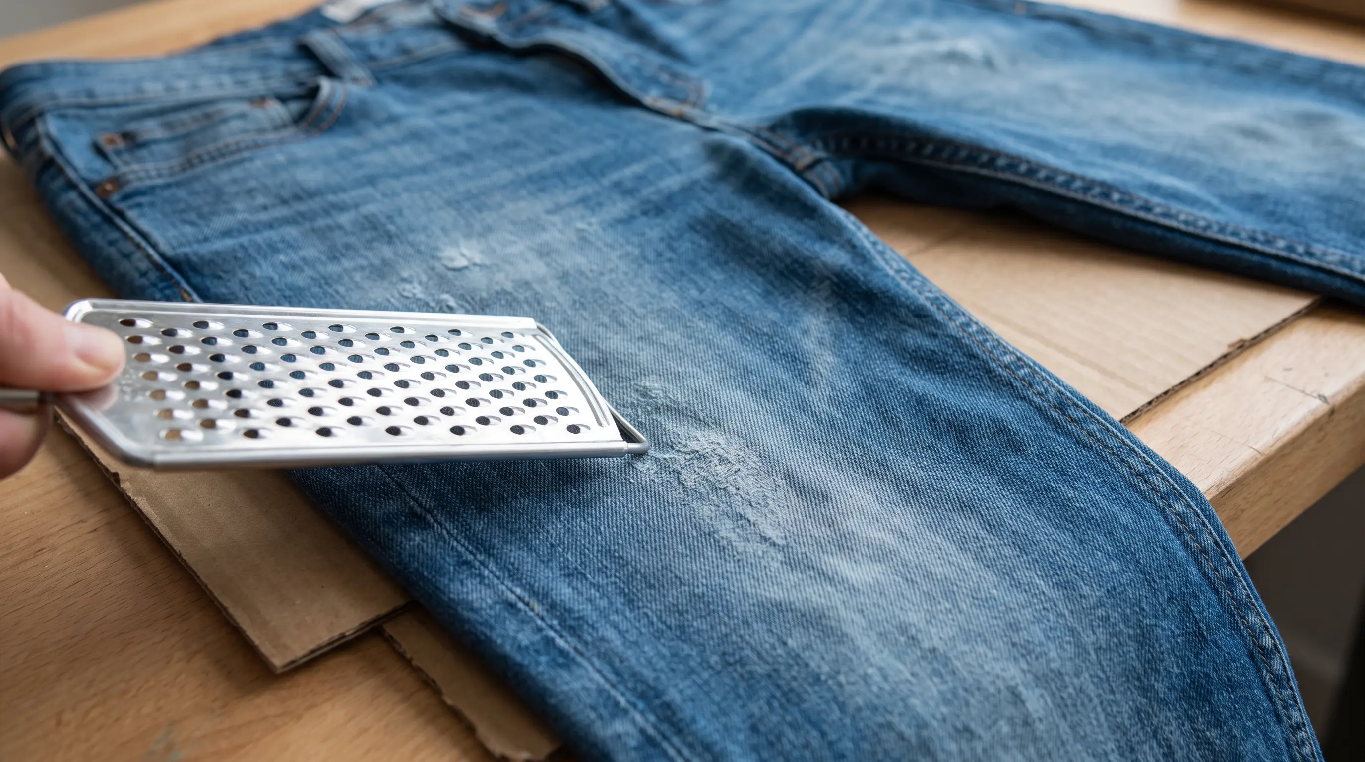 Metal cheese grater creating a faded, rough texture on blue jeans protected by cardboard.
