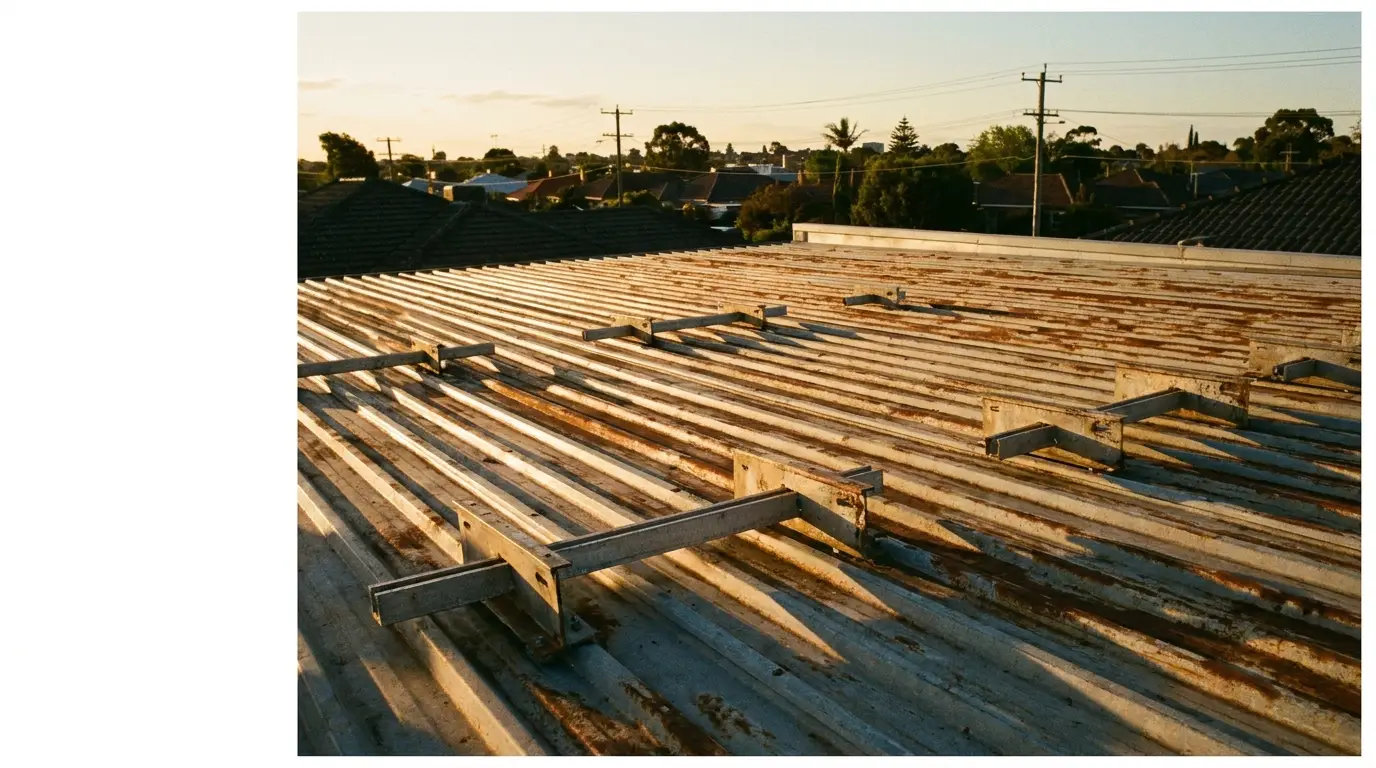 Sunlit rusted metal roof with mounting brackets in suburban neighborhood setting